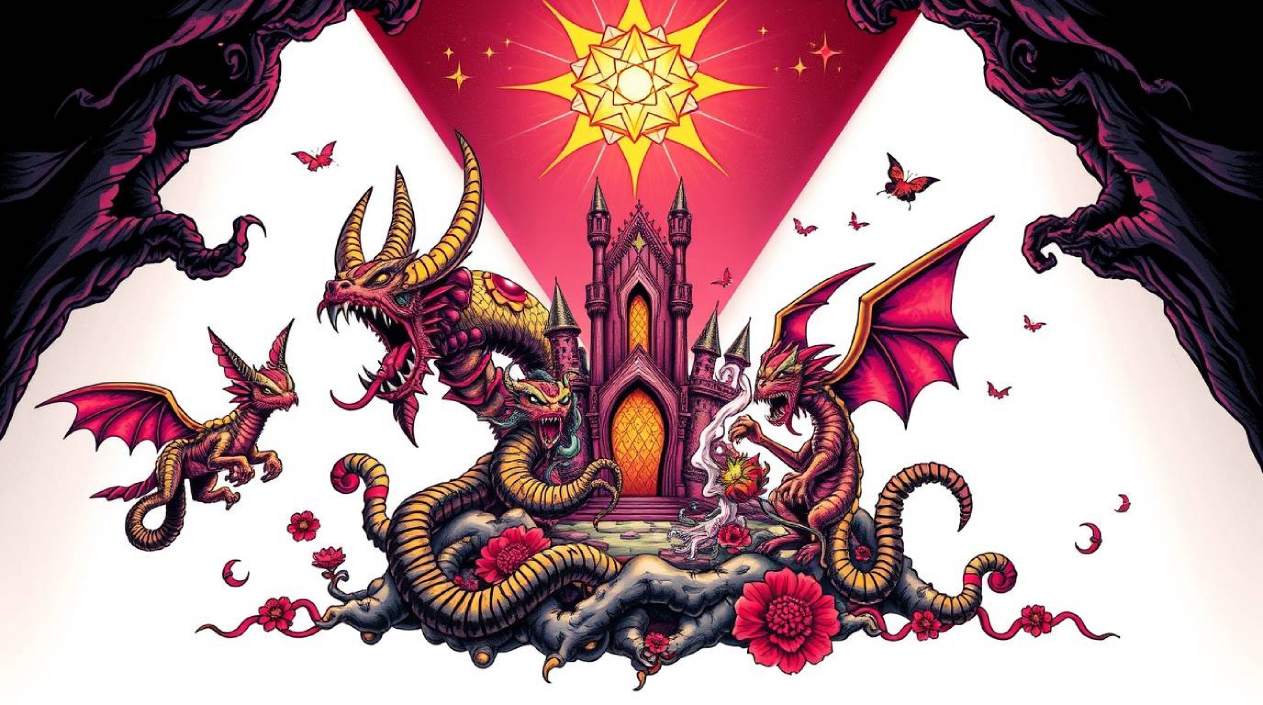 Explore a vibrant tattoo art print showcasing a fantasy kingdom teeming with quirky magical creatures. This high-contrast des