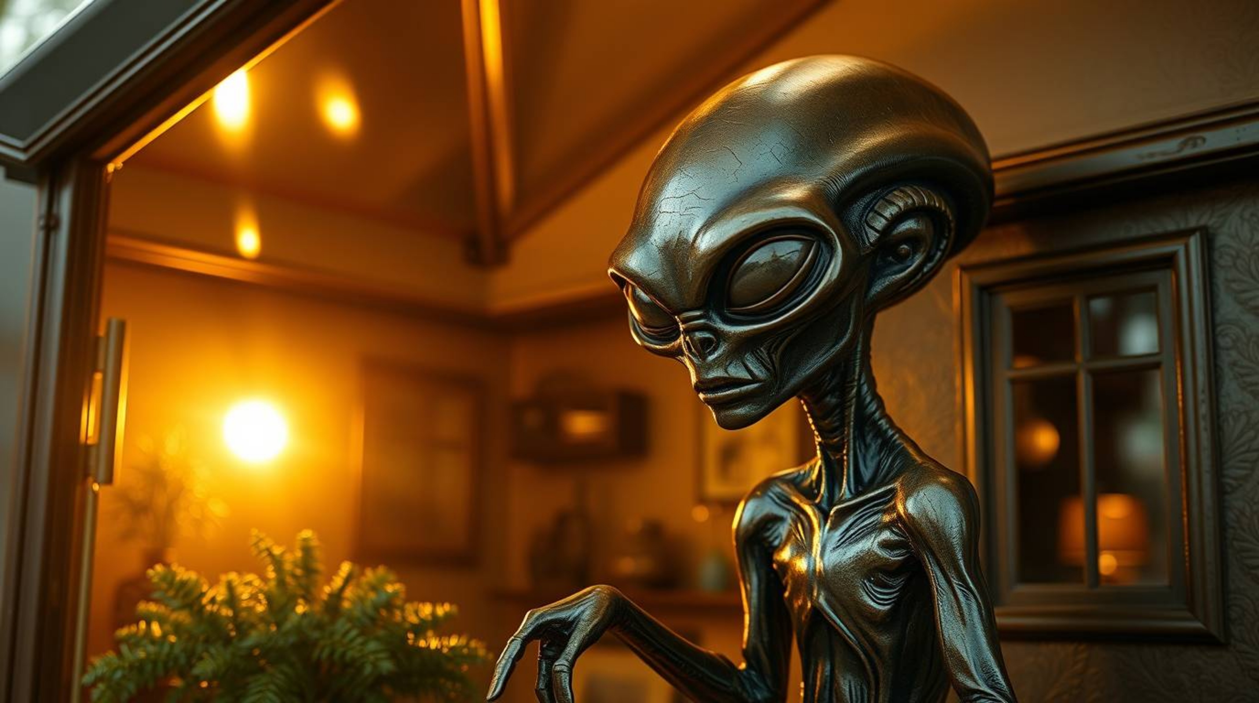 Discover a captivating bronze sculpture of an alien residing in a suburban setting.  Bathed in a warm, golden glow, this anti