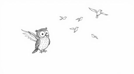 A charming, whimsical scene depicts a blind owl, rendered in Pixar style, patiently teaching birds to fly. Utilizing wind chi