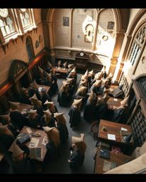 Experience the enchanting atmosphere of a magical school filled with young wizards, captured from a captivating high-angle pe