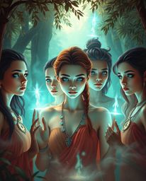 Discover a captivating fantasy artwork featuring a group of friends with unique powers and diverse features, exploring a myst
