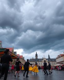 A captivating musical performance unfolds in a brightly lit town square, juxtaposed against a dramatic backdrop of stormy ski