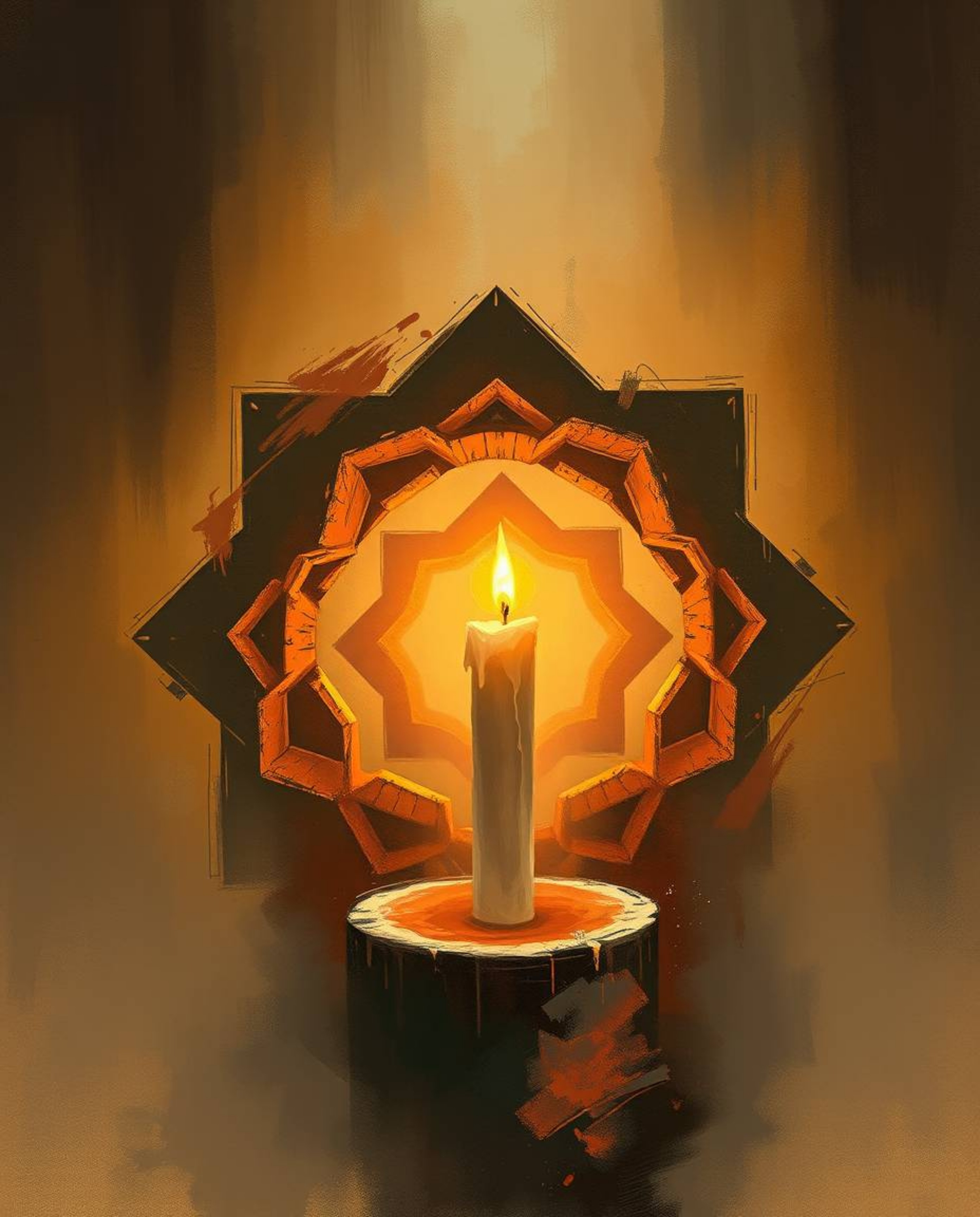 A captivating digital sketch featuring repetitive Escher-style impossible geometry bathed in warm candlelight.  The piece evo