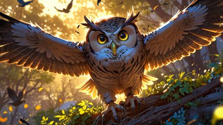 In a beautifully serene and inspiring scene, rendered in a blend of Pixar and anime styles, a wise blind owl teaches other bi