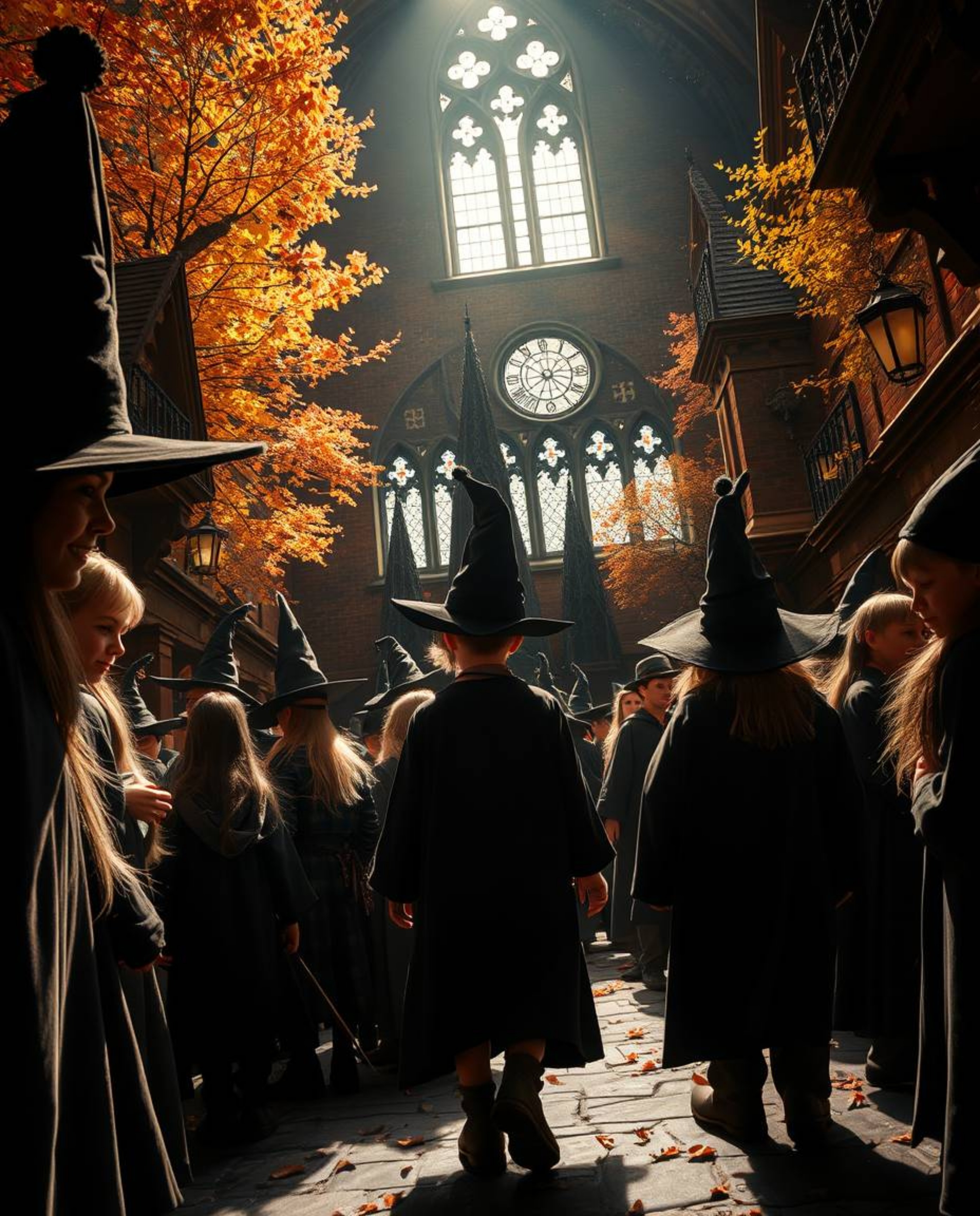 Discover a captivating image of a magical school brimming with young wizards.  Shot from a low angle, the warm autumnal color