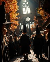 Discover a captivating image of a magical school brimming with young wizards.  Shot from a low angle, the warm autumnal color