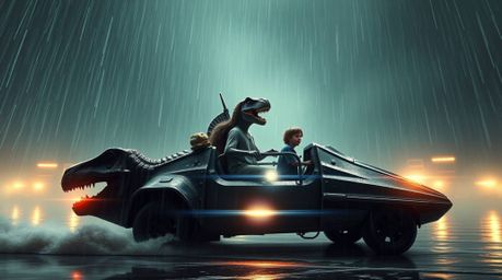 Witness an awe-inspiring scene of a prehistoric family fearlessly riding a dinosaur car amidst a torrential downpour. The ima