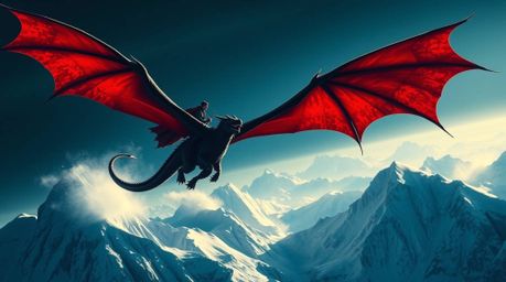 A breathtaking digital painting depicts a dragon and its rider soaring majestically above a range of icy mountains.  The scen