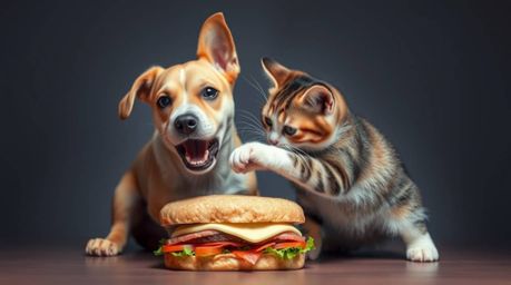A captivating image showcasing a dog and cat seamlessly blended into a smooth color gradient background as they fiercely batt