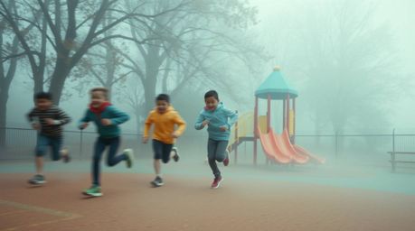 Experience a dramatic slow-motion run through a playground shrouded in thick fog, where bright and vibrant colors surprisingl