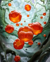 A captivating low-angle shot of a cast bronze sculpture featuring floating 3D blobs reminiscent of vibrant, synthetic-texture