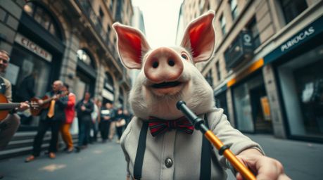 Captivating low angle street photography captures a whimsical scene of a pig character passionately conducting an orchestra a