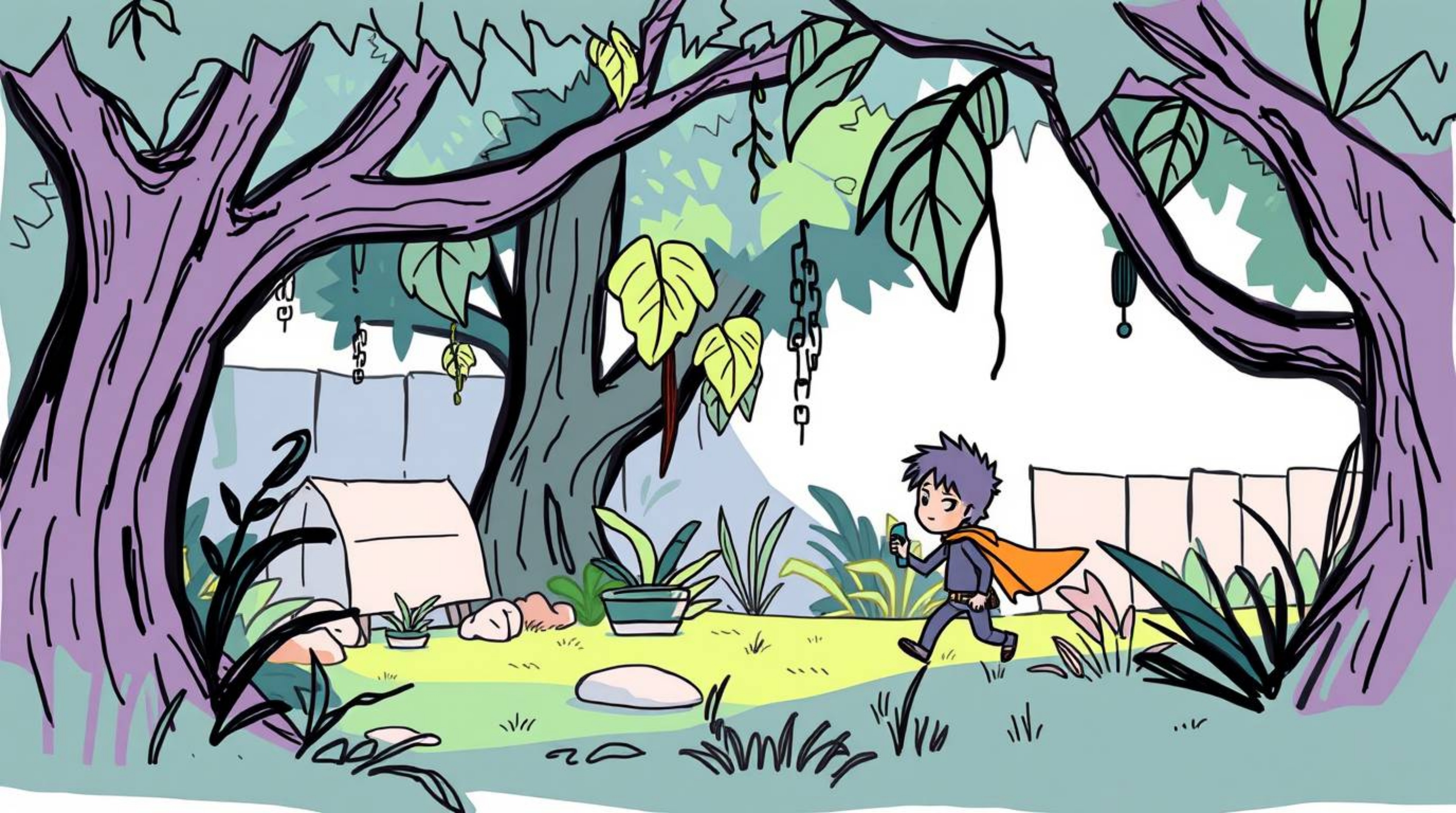 Discover a captivating hand-drawn sketch of a minuscule hero embarking on an adventure through a vibrant backyard jungle.  Re