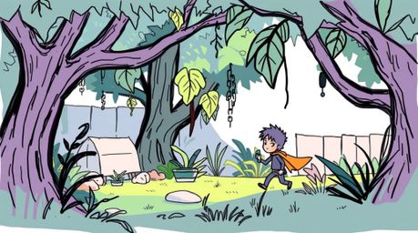 Discover a captivating hand-drawn sketch of a minuscule hero embarking on an adventure through a vibrant backyard jungle.  Re