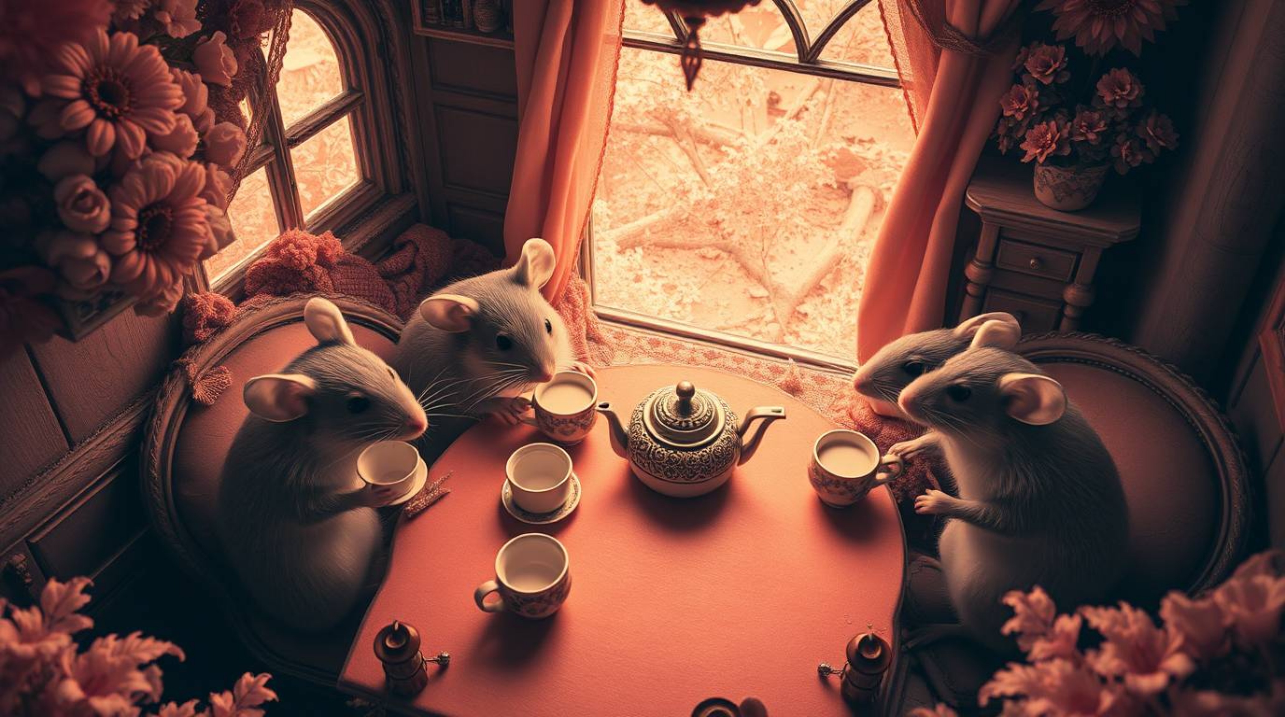 A captivating surreal infrared image depicts anthropomorphic mice enjoying a tea party in a cozy cottage.  The high-angle sho