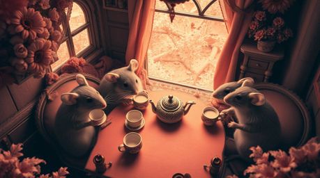 A captivating surreal infrared image depicts anthropomorphic mice enjoying a tea party in a cozy cottage.  The high-angle sho