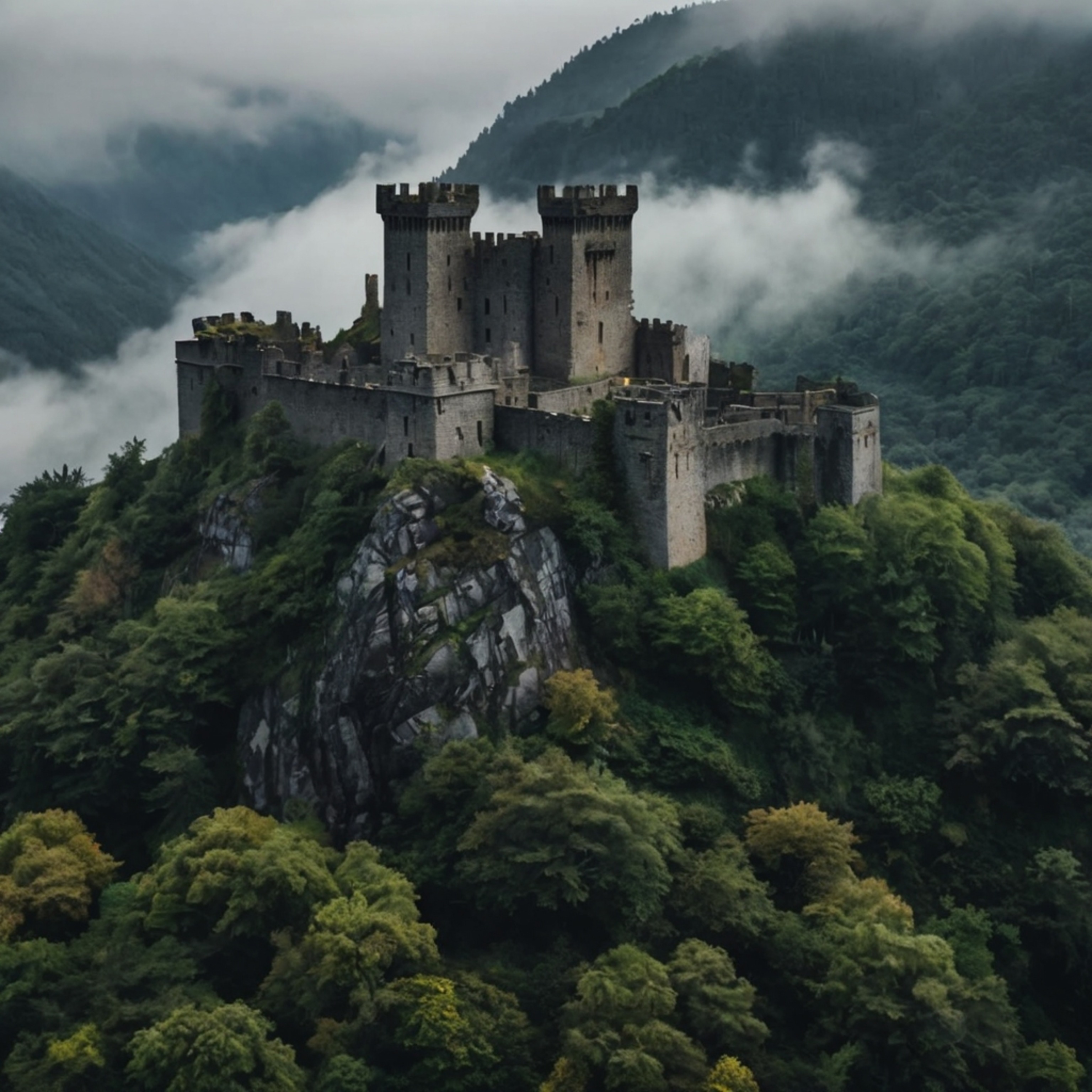 Discover an ancient stone castle majestically perched atop a dramatic cliff, enveloped by ethereal misty mountains and overlo