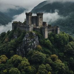 Discover an ancient stone castle majestically perched atop a dramatic cliff, enveloped by ethereal misty mountains and overlo