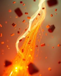 An extreme macro close-up photograph captures a surreal storm with flying objects defying gravity, showcasing glowing biolumi