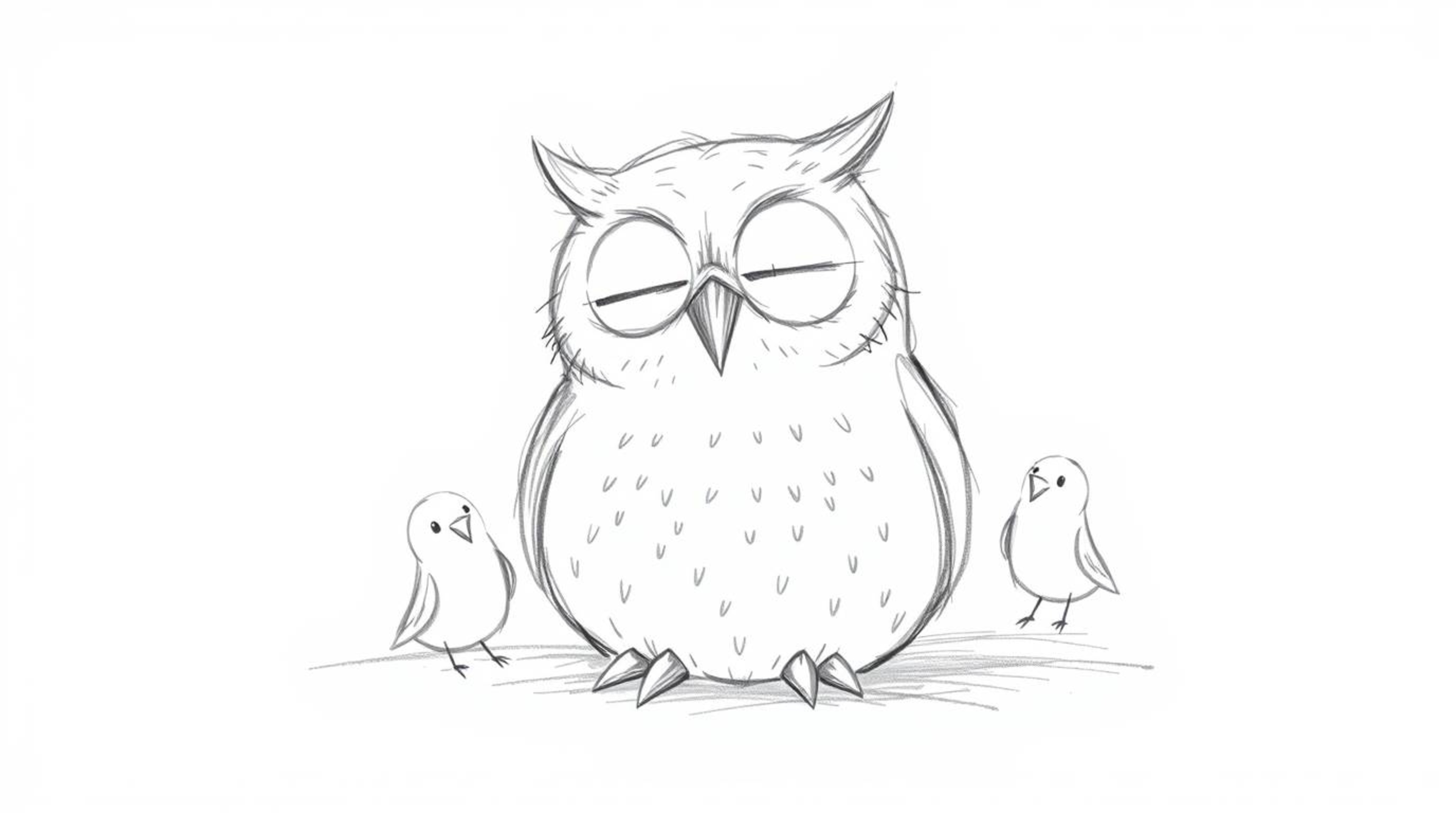 This hand-drawn sketch, reminiscent of Pixar's style, features a blind owl with gentle, rounded features peacefully resting a