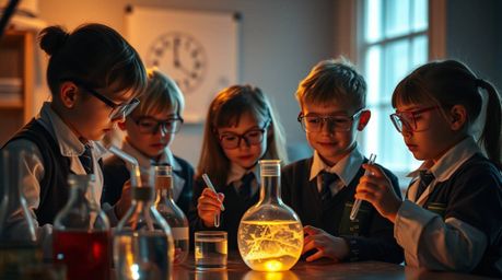 This captivating photograph showcases a group of quirky children in school uniforms conducting science experiments.  Employin