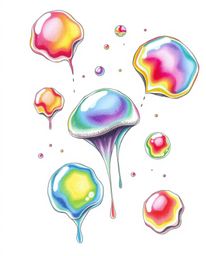 A captivating hand-drawn sketch featuring floating 3D blobs of fluid jelly, brought to life with vibrant colors and synthetic