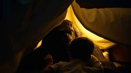 A heartwarming cinematic photograph depicts an unlikely friendship between a child and a monster hiding under their bed.  The