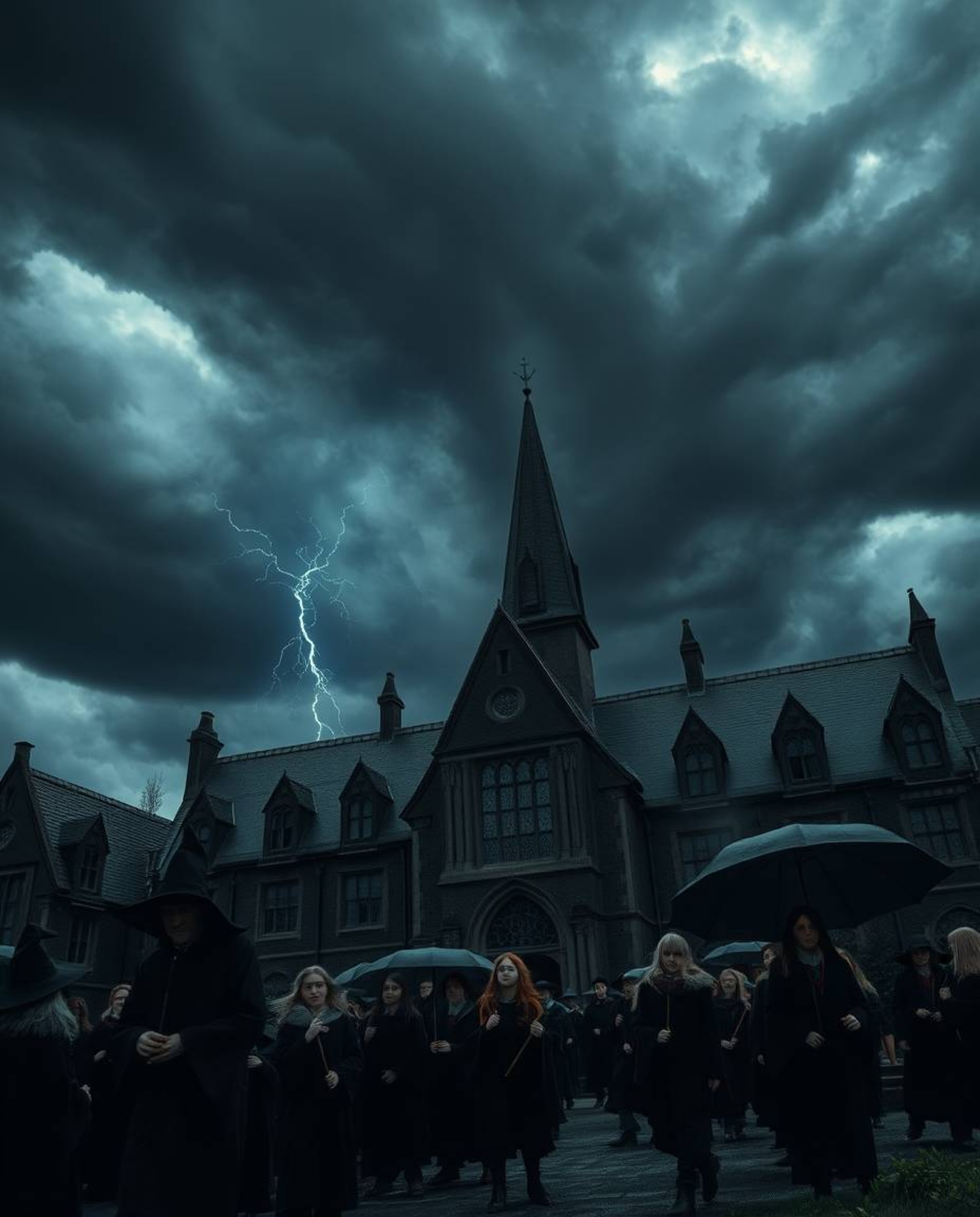 Immerse yourself in a world of intense jet black hues and dramatic weather, where a magical school for young wizards stands a