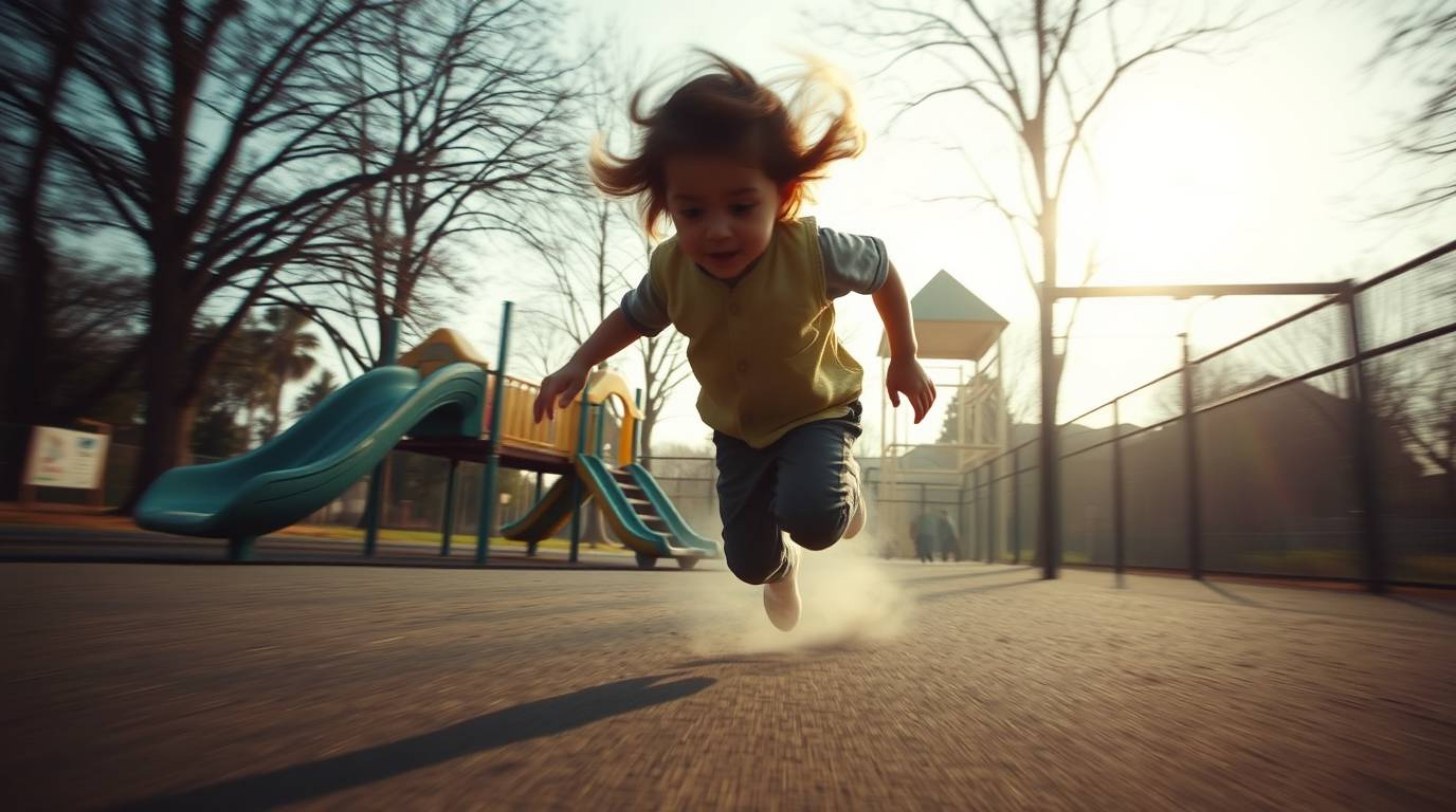Experience the thrill of a dramatic slow-motion run through a playground, captured in stunning detail with a soft cinematic h