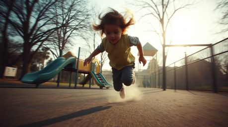 Experience the thrill of a dramatic slow-motion run through a playground, captured in stunning detail with a soft cinematic h