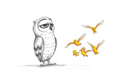 A heartwarming hand-drawn sketch in the style of Pixar depicts a blind owl, rendered with soft, feathery texture and visible 