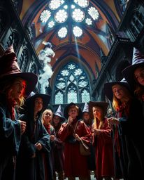 Discover a breathtaking magical school brimming with young wizards! This captivating image, shot from a low angle with electr