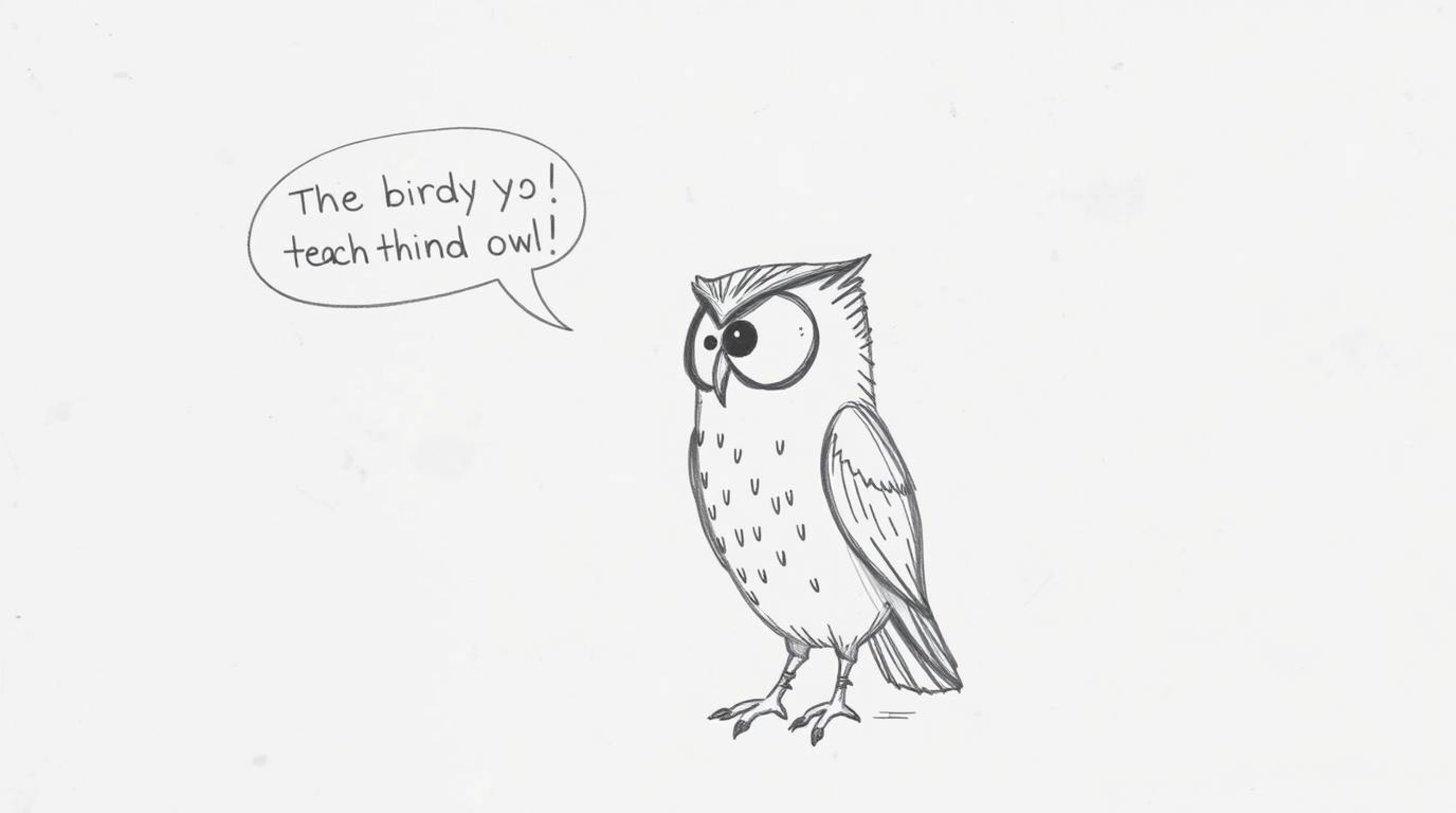 A charming hand-drawn sketch in the style of Pixar depicts a blind owl with textured pencil strokes, tenderly teaching a grou