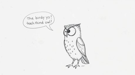 A charming hand-drawn sketch in the style of Pixar depicts a blind owl with textured pencil strokes, tenderly teaching a grou