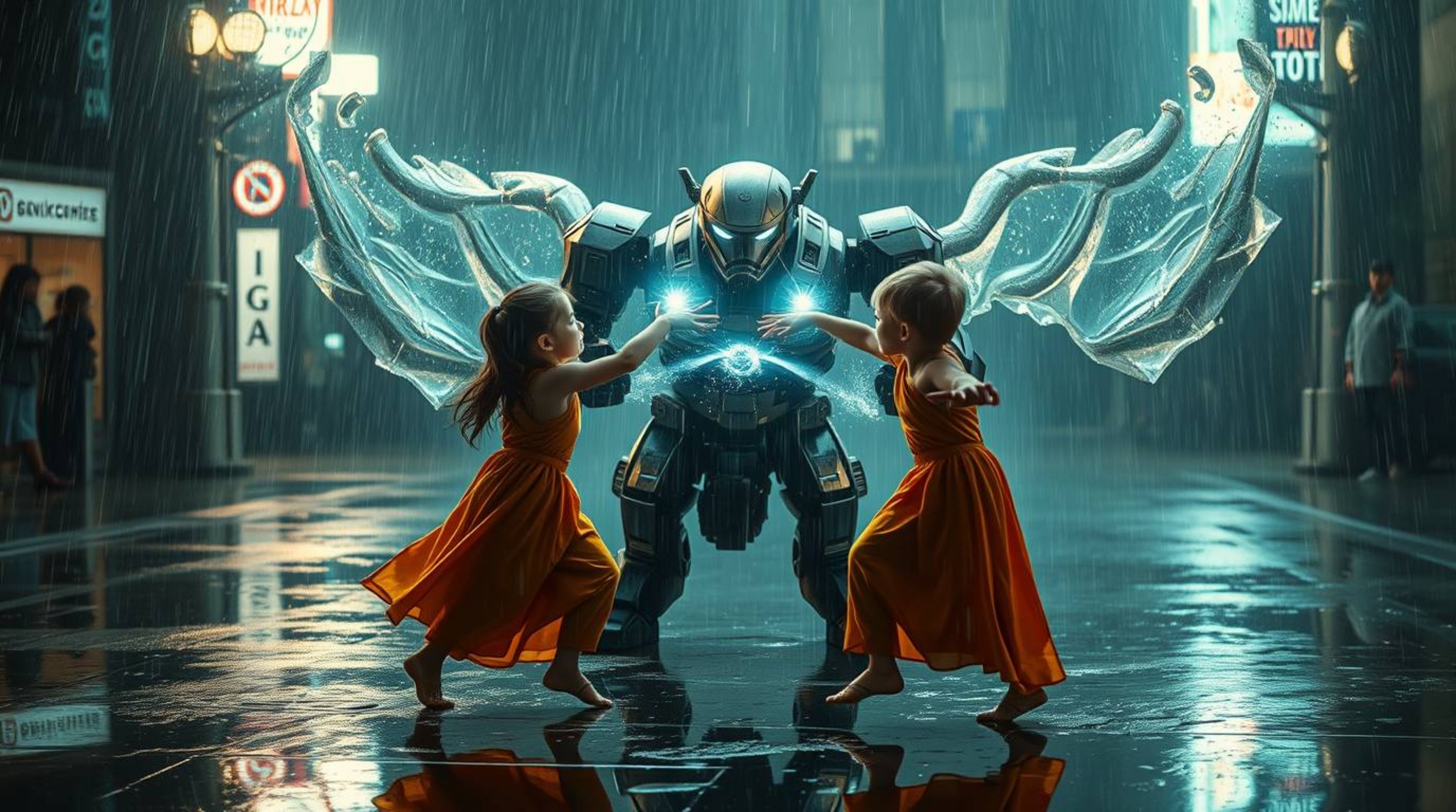 A visually stunning and spiritually evocative image depicts three superpowered children engaged in a dynamic battle against a