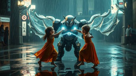 A visually stunning and spiritually evocative image depicts three superpowered children engaged in a dynamic battle against a