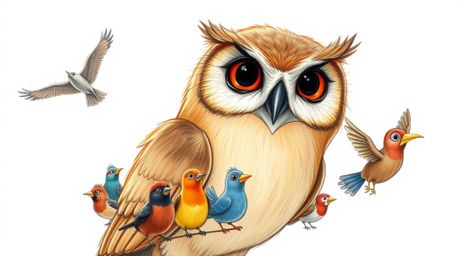 A heartwarming hand-drawn sketch in the style of Pixar depicts a gentle, blind brown owl leading a diverse classroom of birds