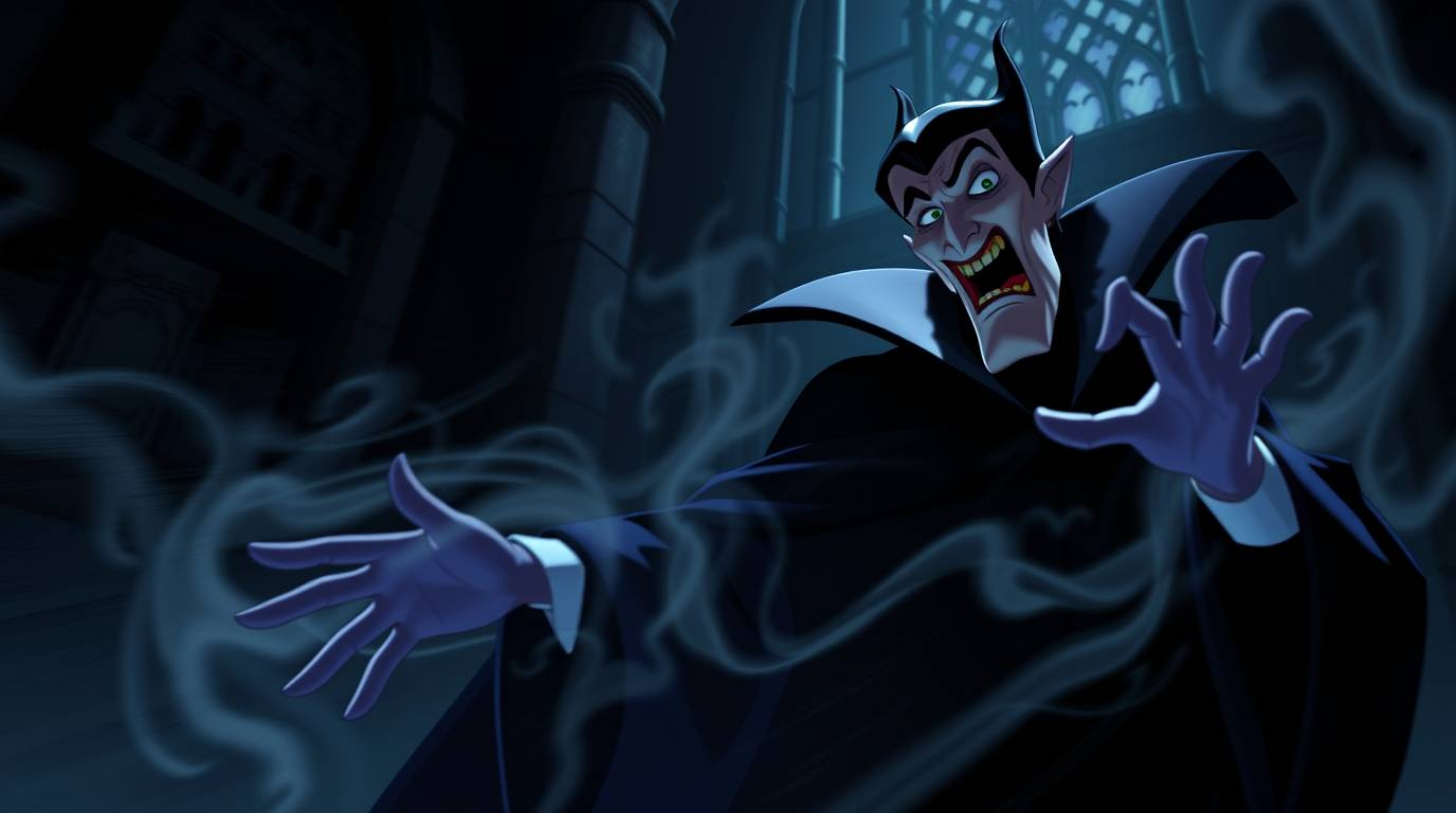 A captivating illustration of a classic Disney villain, sharply featured and clad in dark clothing, casting a powerful spell