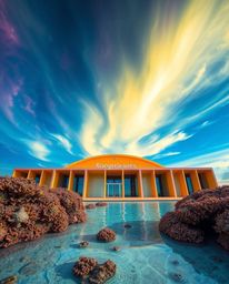 Precise architectural color photography captures a colorful sky over a coral reef at low tide. This stunning image is charact