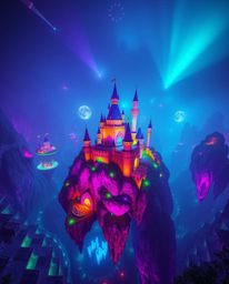 Discover a breathtaking high-angle perspective of a vibrant kingdom, awash in deep ultraviolet and glowing bioluminescent col