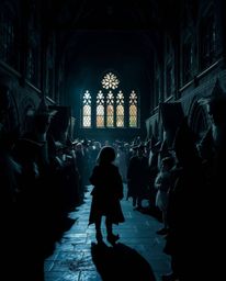 Capture the enchanting atmosphere of a magical school brimming with young wizards in this high-contrast, low-key image. Empha