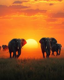 This stunning digital painting captures a serene moment as elephants walk across a field at sunset. The scene is bathed in th