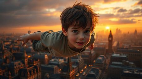 A captivating image of a young boy with rosy cheeks, soaring above a detailed London cityscape at sunset.  Illuminated by dra