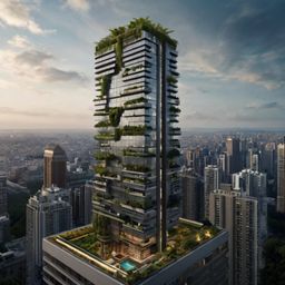 Imagine a stunning, futuristic skyscraper that dominates the cityscape. Its defining feature is a lush rooftop garden, a vibr