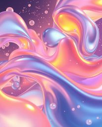 This digital painting showcases captivating glassy fluid 3D shapes in motion, gracefully surrounded by glowing particles. The