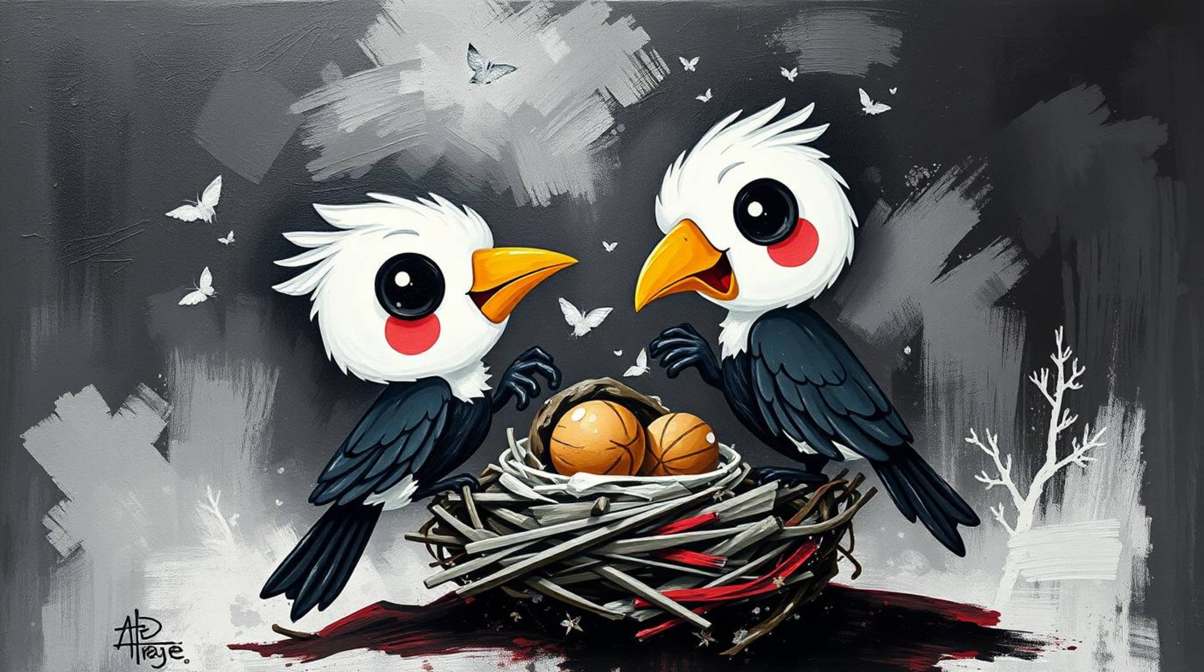 This bold black and white acrylic painting depicts two cartoon birds diligently constructing a nest, rendered in a classic an