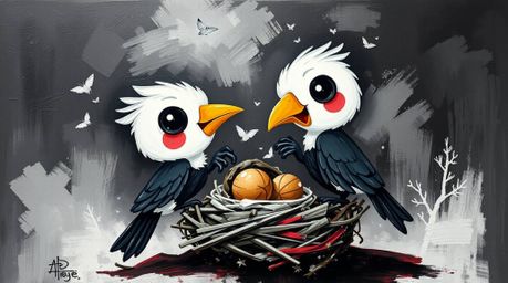 This bold black and white acrylic painting depicts two cartoon birds diligently constructing a nest, rendered in a classic an