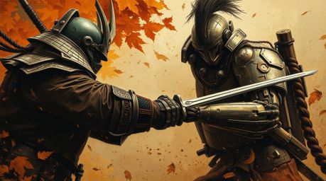 A warm-toned, close-up oil painting depicting a samurai in a fierce clash with a robot amidst a dystopian landscape.  The art