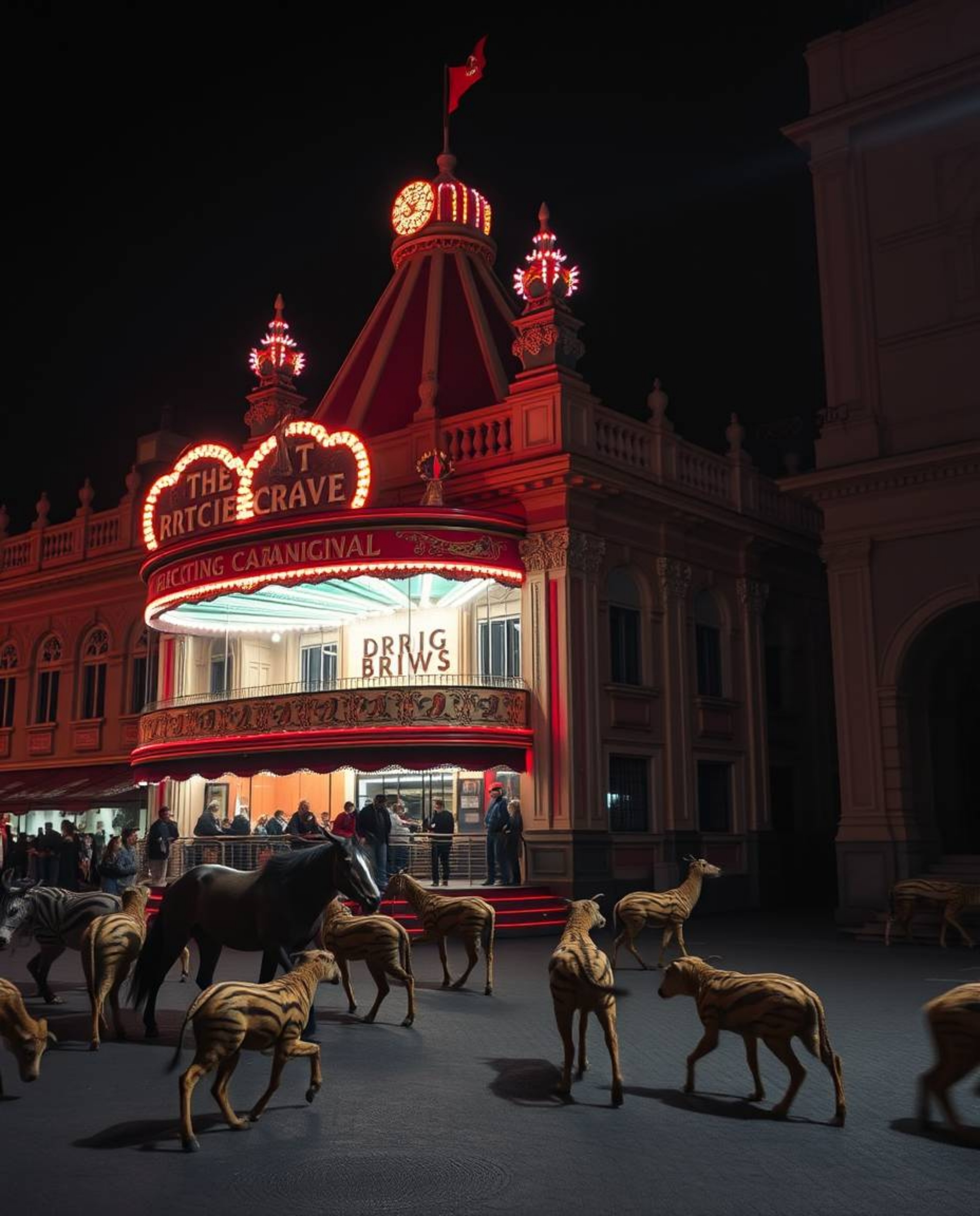 Immerse yourself in precise architectural color photography showcasing a carnival strangely overtaken by wild animals. This c