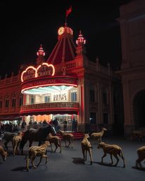 Immerse yourself in precise architectural color photography showcasing a carnival strangely overtaken by wild animals. This c